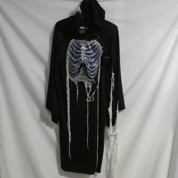 Black Skeleton Reaper Hooded Robe | large | Exposed Rib Cage | Dangling Webbing - Picture 1 of 16